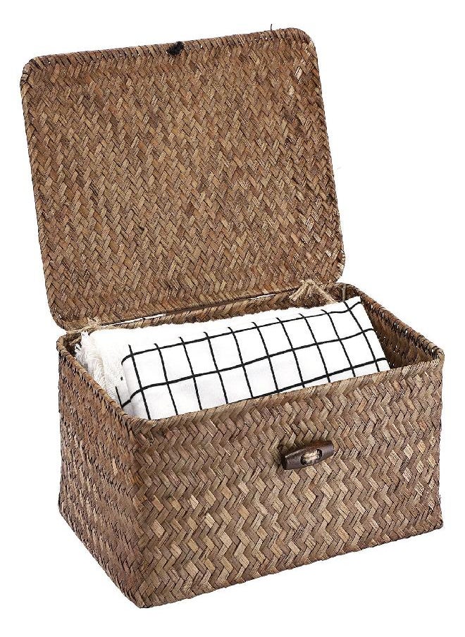 Hipiwe Wicker Shelf Baskets Bin with Lid, Handwoven Seagrass Basket Storage Bins Rectangular Household Basket Boxes for Shelf Wardrobe Home Organizer, Coffee Small