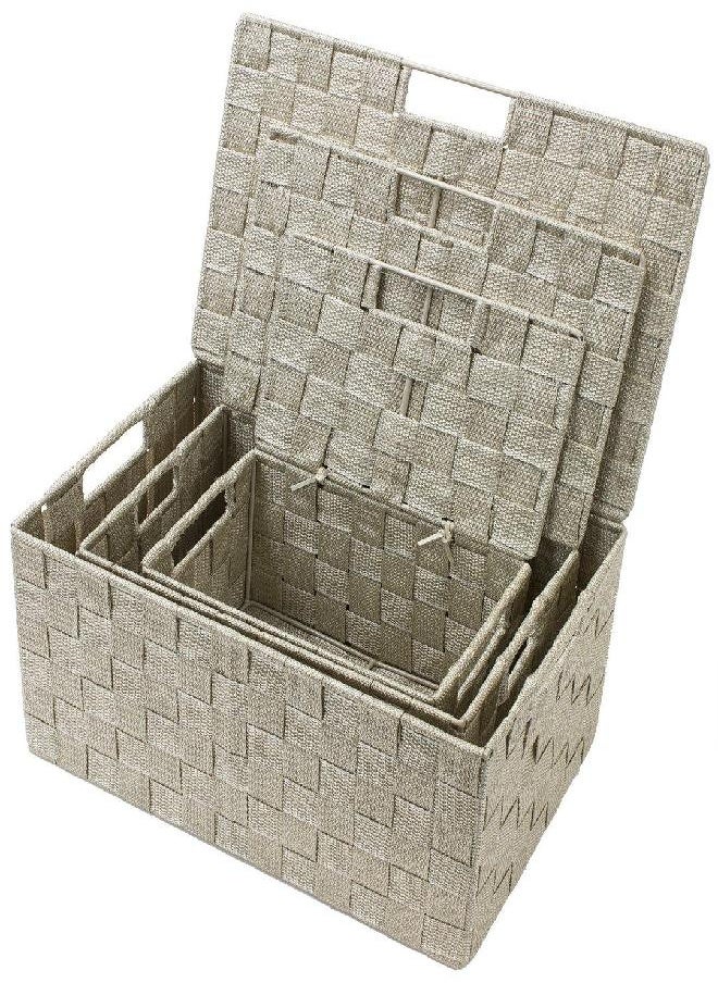 Sorbus Storage Box Woven Basket Bin Container Tote Cube Organizer Set Stackable Storage Basket Woven Strap Shelf Organizer Built-In Carry Handles (Lid Bins - 3 Pack, Beige)