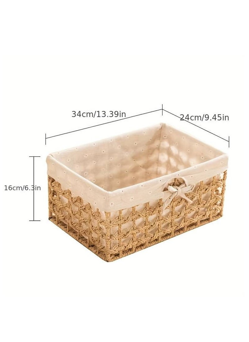 Set of 3 Eco-Friendly Handwoven Storage Baskets – Durable Rectangular Woven Bins with Sturdy Plastic Frame, Removable Fabric Lining, Decorative Macrame Design for Sundries, Toys, Books, Toiletries, and Elegant Home Organization