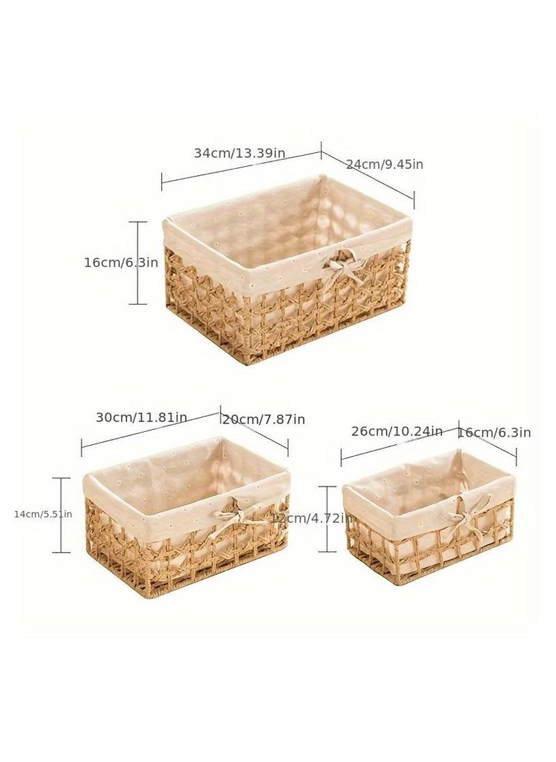 Set of 3 Eco-Friendly Handwoven Storage Baskets – Durable Rectangular Woven Bins with Sturdy Plastic Frame, Removable Fabric Lining, Decorative Macrame Design for Sundries, Toys, Books, Toiletries, and Elegant Home Organization