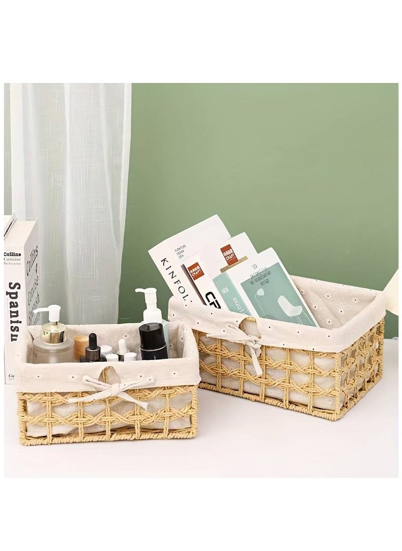 Set of 3 Eco-Friendly Handwoven Storage Baskets – Durable Rectangular Woven Bins with Sturdy Plastic Frame, Removable Fabric Lining, Decorative Macrame Design for Sundries, Toys, Books, Toiletries, and Elegant Home Organization