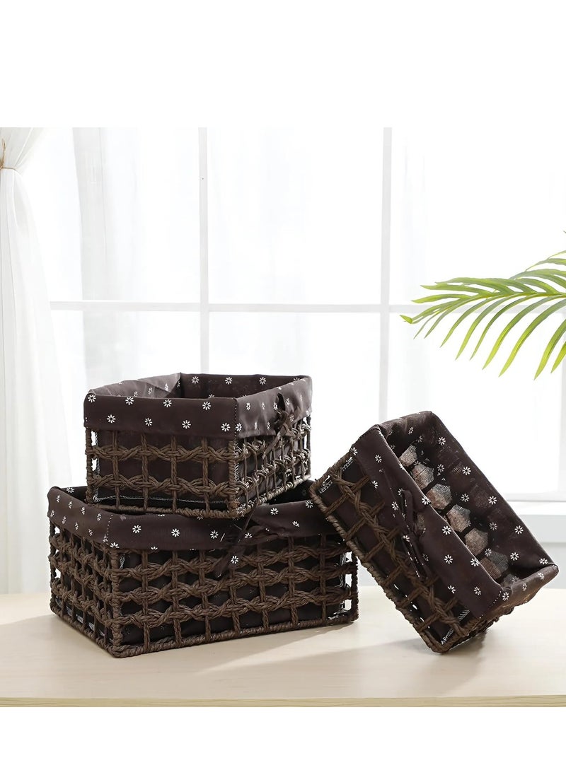 Set of 3 Eco-Friendly Handwoven Storage Baskets – Durable Rectangular Woven Bins with Sturdy Plastic Frame, Removable Fabric Lining, Decorative Macrame Design for Sundries, Toys, Books, Toiletries, and Elegant Home Organization