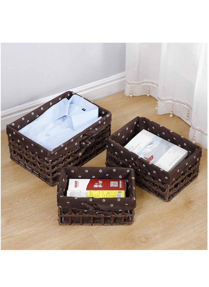 Set of 3 Eco-Friendly Handwoven Storage Baskets – Durable Rectangular Woven Bins with Sturdy Plastic Frame, Removable Fabric Lining, Decorative Macrame Design for Sundries, Toys, Books, Toiletries, and Elegant Home Organization