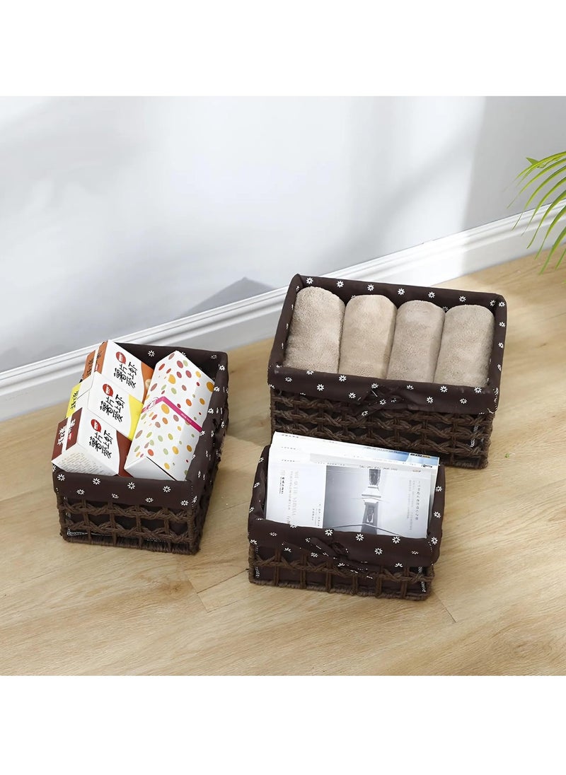 Set of 3 Eco-Friendly Handwoven Storage Baskets – Durable Rectangular Woven Bins with Sturdy Plastic Frame, Removable Fabric Lining, Decorative Macrame Design for Sundries, Toys, Books, Toiletries, and Elegant Home Organization