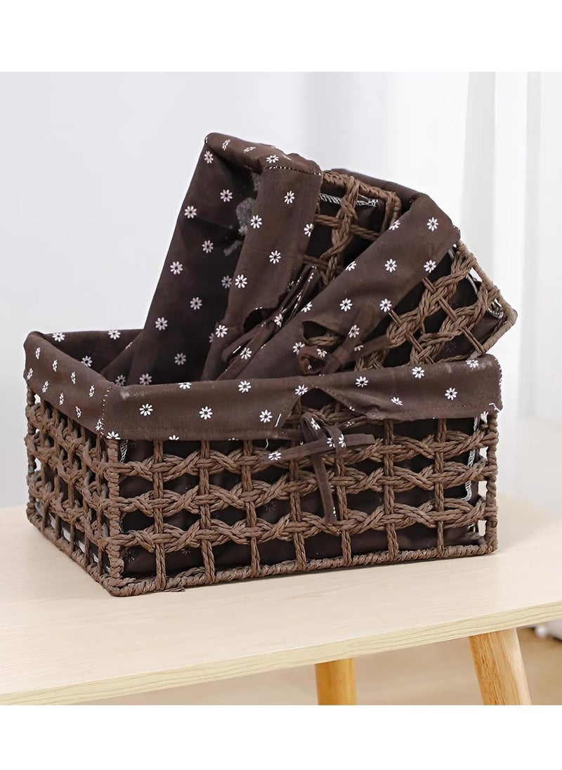 Set of 3 Eco-Friendly Handwoven Storage Baskets – Durable Rectangular Woven Bins with Sturdy Plastic Frame, Removable Fabric Lining, Decorative Macrame Design for Sundries, Toys, Books, Toiletries, and Elegant Home Organization