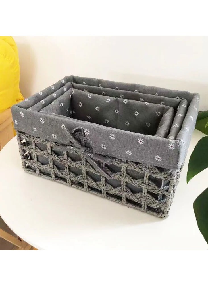 Set of 3 Eco-Friendly Handwoven Storage Baskets – Durable Rectangular Woven Bins with Sturdy Plastic Frame, Removable Fabric Lining, Decorative Macrame Design for Sundries, Toys, Books, Toiletries, and Elegant Home Organization