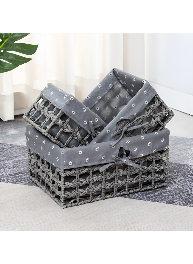 Set of 3 Eco-Friendly Handwoven Storage Baskets – Durable Rectangular Woven Bins with Sturdy Plastic Frame, Removable Fabric Lining, Decorative Macrame Design for Sundries, Toys, Books, Toiletries, and Elegant Home Organization