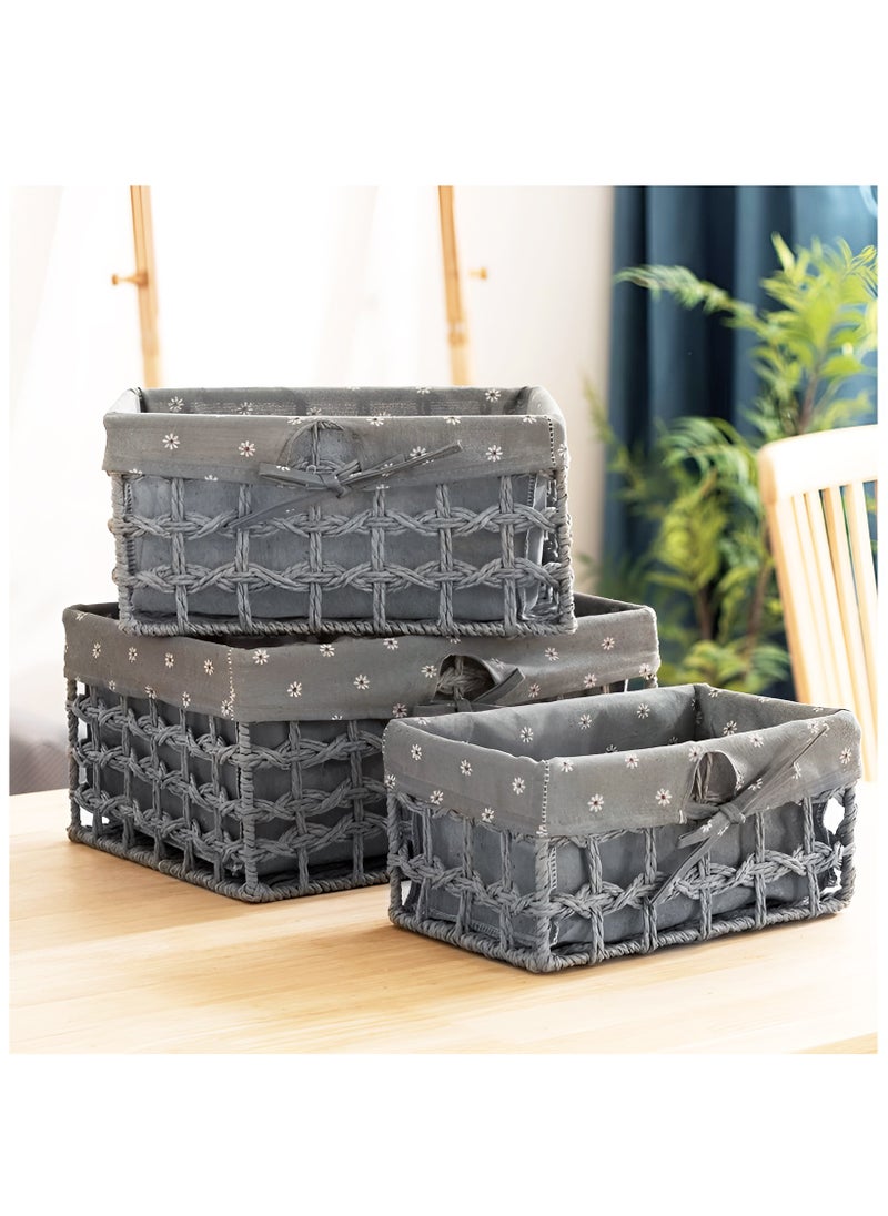 Set of 3 Eco-Friendly Handwoven Storage Baskets – Durable Rectangular Woven Bins with Sturdy Plastic Frame, Removable Fabric Lining, Decorative Macrame Design for Sundries, Toys, Books, Toiletries, and Elegant Home Organization