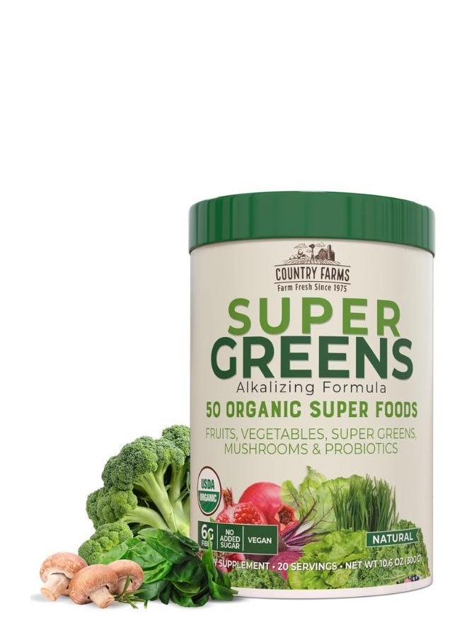 COUNTRY FARMS Super Greens Natural Flavor, 50 Organic Super Foods, USDA Organic Drink Mix, Fruits, Vegetables, Super Greens, Mushrooms & Probiotics, Supports Energy, 20 Servings, 10.6 Oz