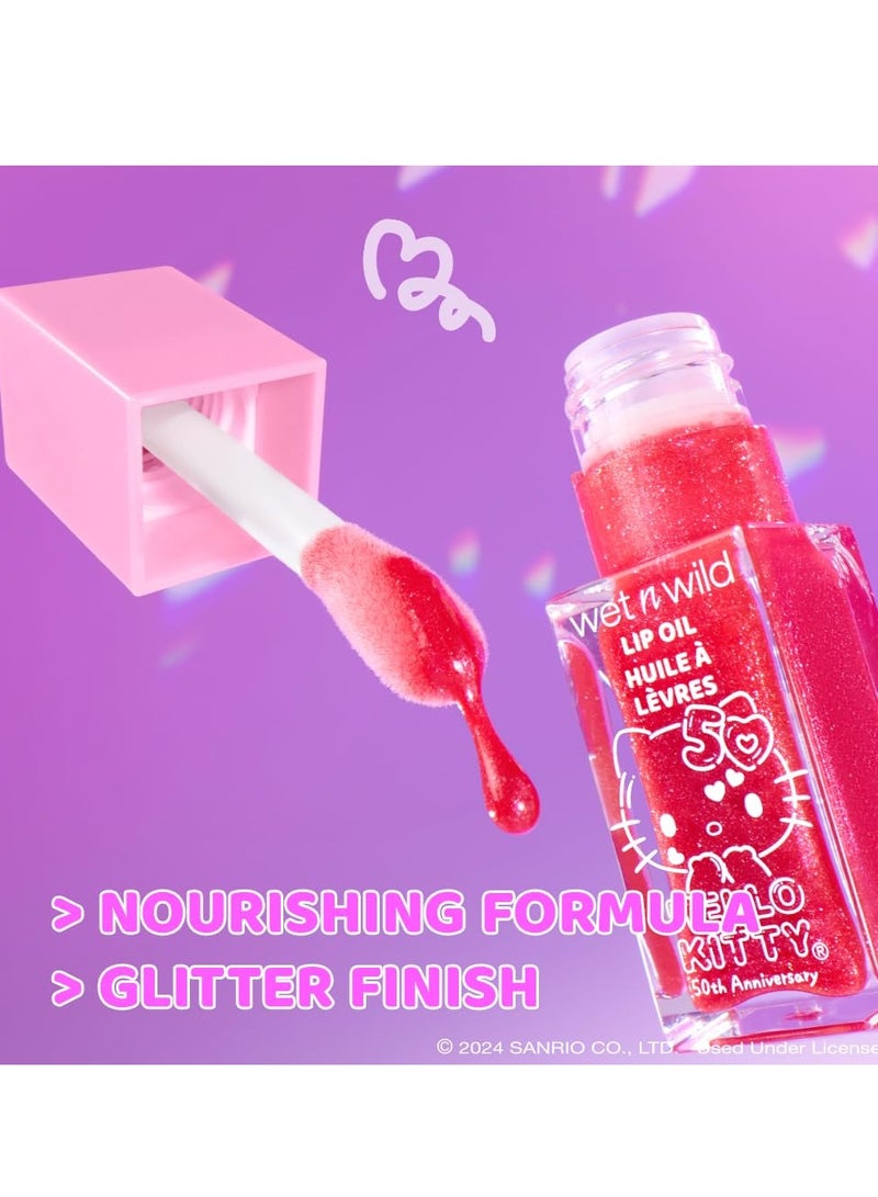 Hello Kitty Glitter Lip Oil, New 10 Oil Infused Formula, Warm Apple Pie Lightly Scented, Sparkly Bold Colors, Cruelty-Free & Vegan Purrfect