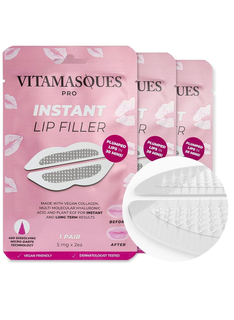 Instant Lip Filler for Plumped Lips in 30 Mins by Vitamasques, 3 Pack - Vegan Collagen, Multi-Molecular Hyaluronic Acid & 400 Dissolving Micro-Dart Technology for Instant & Long-Lasting Results