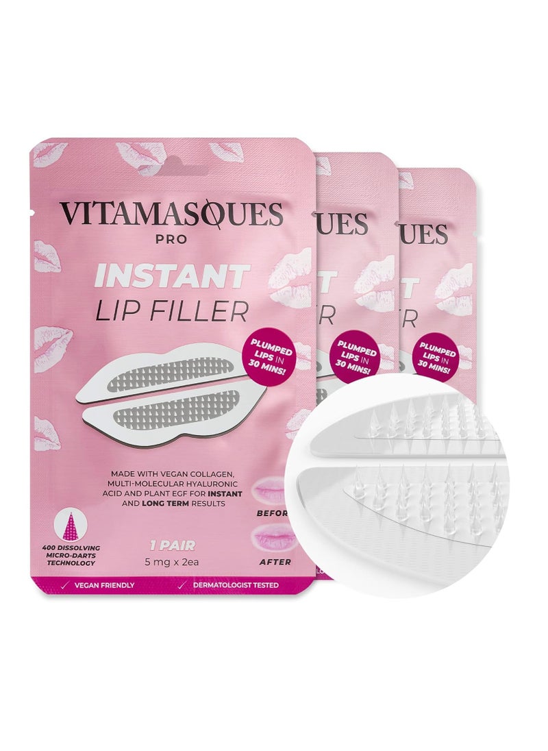 Instant Lip Filler for Plumped Lips in 30 Mins by Vitamasques, 3 Pack - Vegan Collagen, Multi-Molecular Hyaluronic Acid & 400 Dissolving Micro-Dart Technology for Instant & Long-Lasting Results