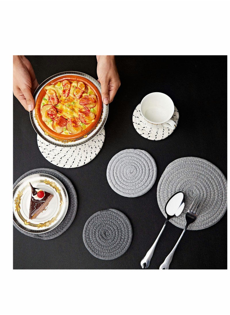 Mat, 6 Pieces Pot Trivets Large Braid Woven Trivet Coaster, Cotton Thread Weave Cup Coaster Hot Pot Dish Trivet Pad Mat for Kitchen Cooking Supplies (7 Inch and 4.7 Inch, Gray Series)