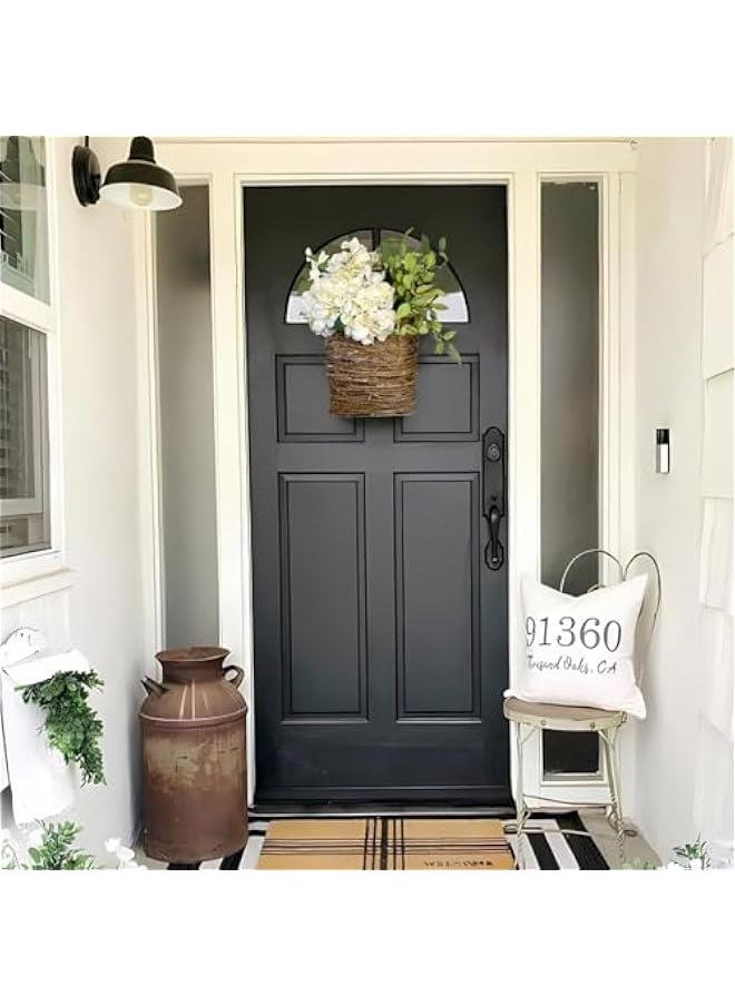Cream Hydrangea Door Hanger Basket Wreath,|2024 Newest Wildflowers Door Hanging Basket Wreath|Front Door Beautiful Artificial Spring and Summer Wreath Welcome Sign| (White cream)