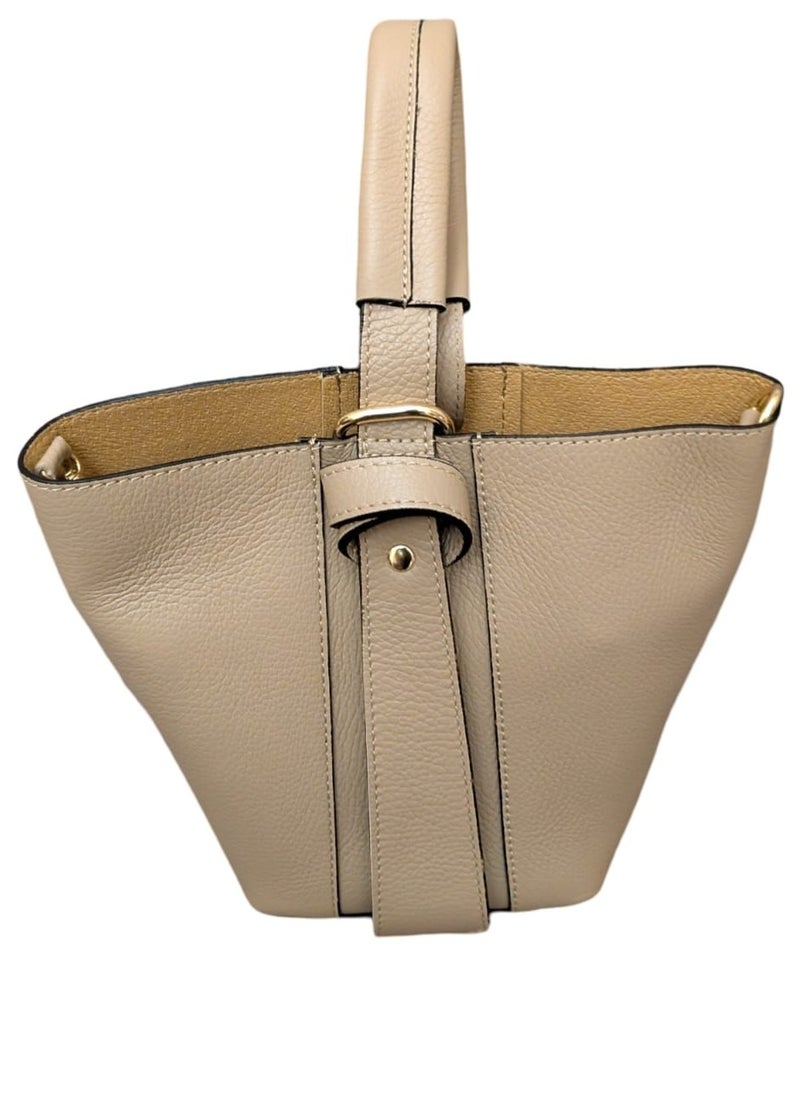 Beige Handbag, Genuine Real Leather, Made in Italy