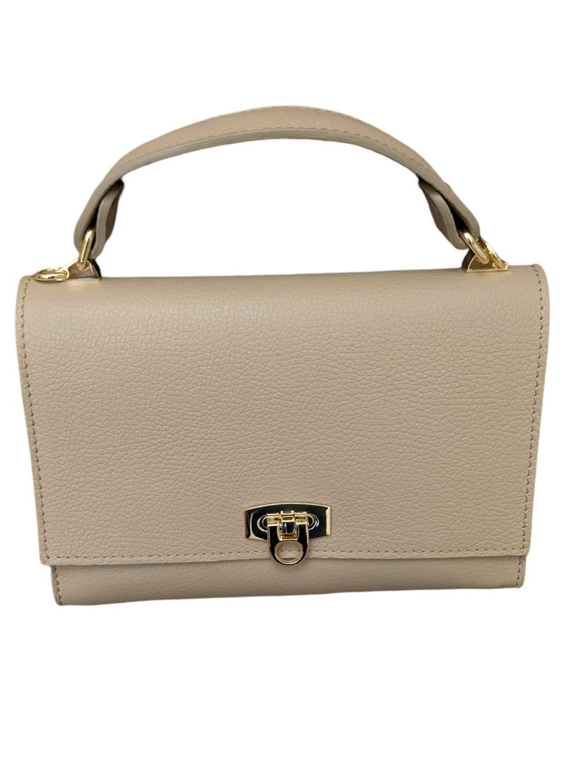 Beige Handbag, Genuine Real Leather, Made in Italy