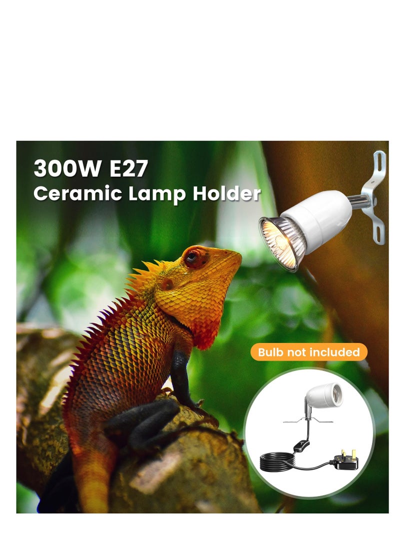 300W Ceramic Reptile Heat Lamp Holder, E27 Base Ceramic Heat Bulb Holder, Rotatable Reptile Light Holder with Inline ON/Off Switch for Turtle, Snake, Lizard, Dog, Chick- No Heat Bulb
