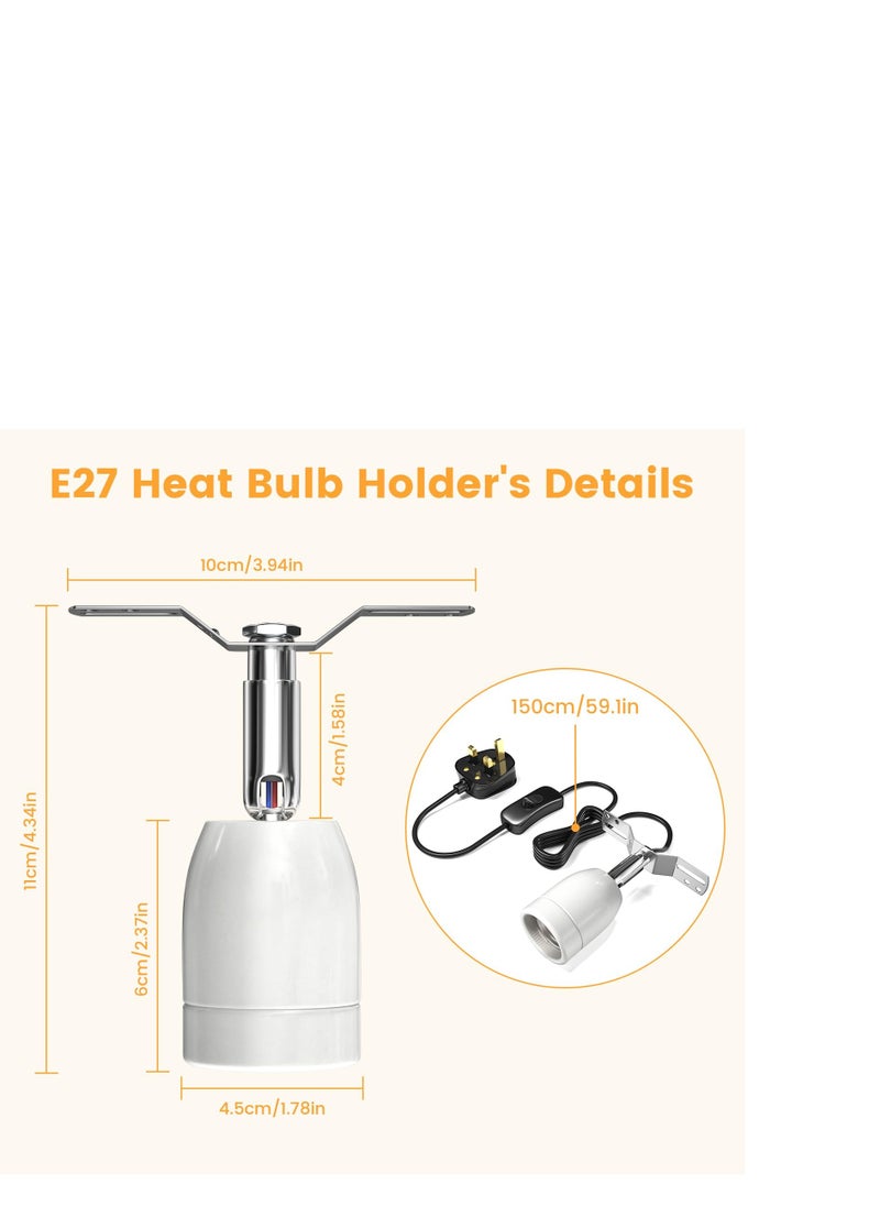 300W Ceramic Reptile Heat Lamp Holder, E27 Base Ceramic Heat Bulb Holder, Rotatable Reptile Light Holder with Inline ON/Off Switch for Turtle, Snake, Lizard, Dog, Chick- No Heat Bulb