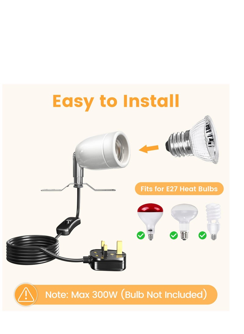 300W Ceramic Reptile Heat Lamp Holder, E27 Base Ceramic Heat Bulb Holder, Rotatable Reptile Light Holder with Inline ON/Off Switch for Turtle, Snake, Lizard, Dog, Chick- No Heat Bulb