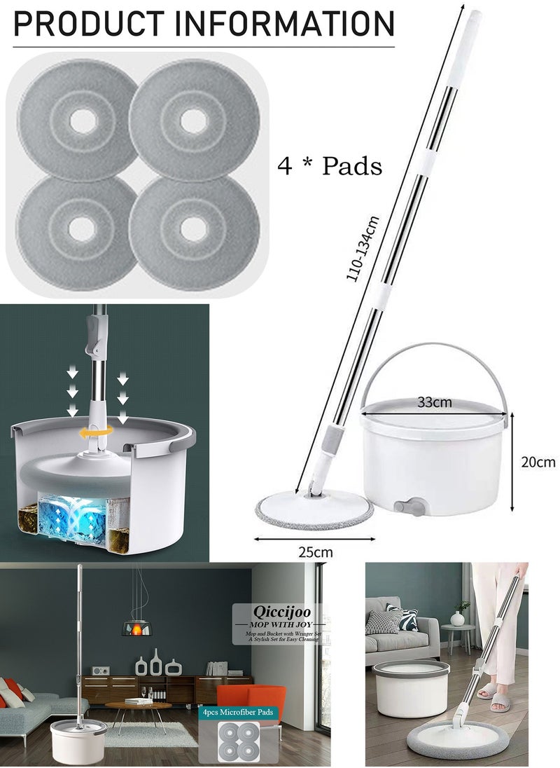 Qiccijoo Spin Mop and Bucket Set Mop and Bucket with Wringer Set for Floor Cleaning Microfiber Mop with 4 Washable and Reusable Pads Dry and Wet Floor Mop for Hardwood Dust Wall Mop