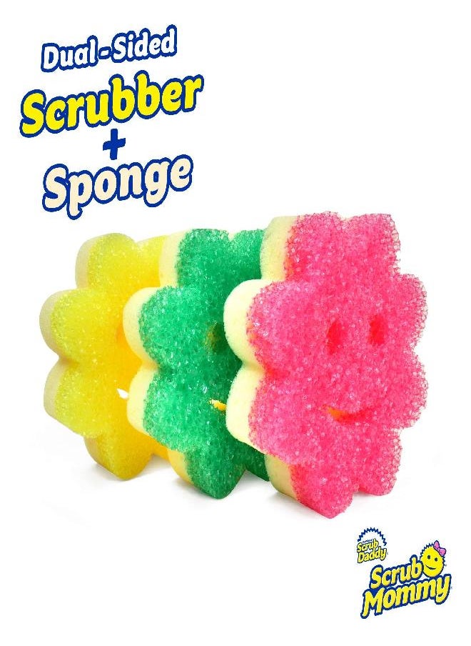 Scrub Daddy Sponge Set - Scrub Mommy Power Flower Dual- Sided Sponge and Scrubber - Non Scratch Sponge for Dishes and Home, Odor Resistant, Firm in Cold Water Soft in Warm , Multi-Surface 3 ct