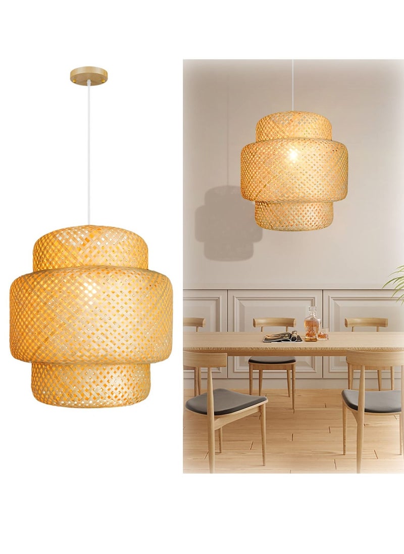 Hand Woven Pendant Lamp, Bamboo Rattan Hanging Lamp Natural Wicker Lighting Fixture with Adjustable Cord, Farmhouse Pendant Lights for Restaurant Kitchen Dining Room Bedroom, Wood color, 30cm