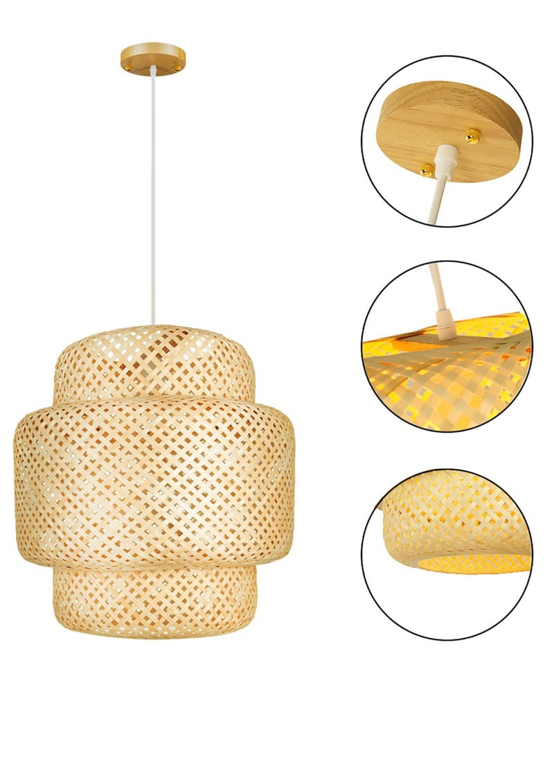 Hand Woven Pendant Lamp, Bamboo Rattan Hanging Lamp Natural Wicker Lighting Fixture with Adjustable Cord, Farmhouse Pendant Lights for Restaurant Kitchen Dining Room Bedroom, Wood color, 30cm