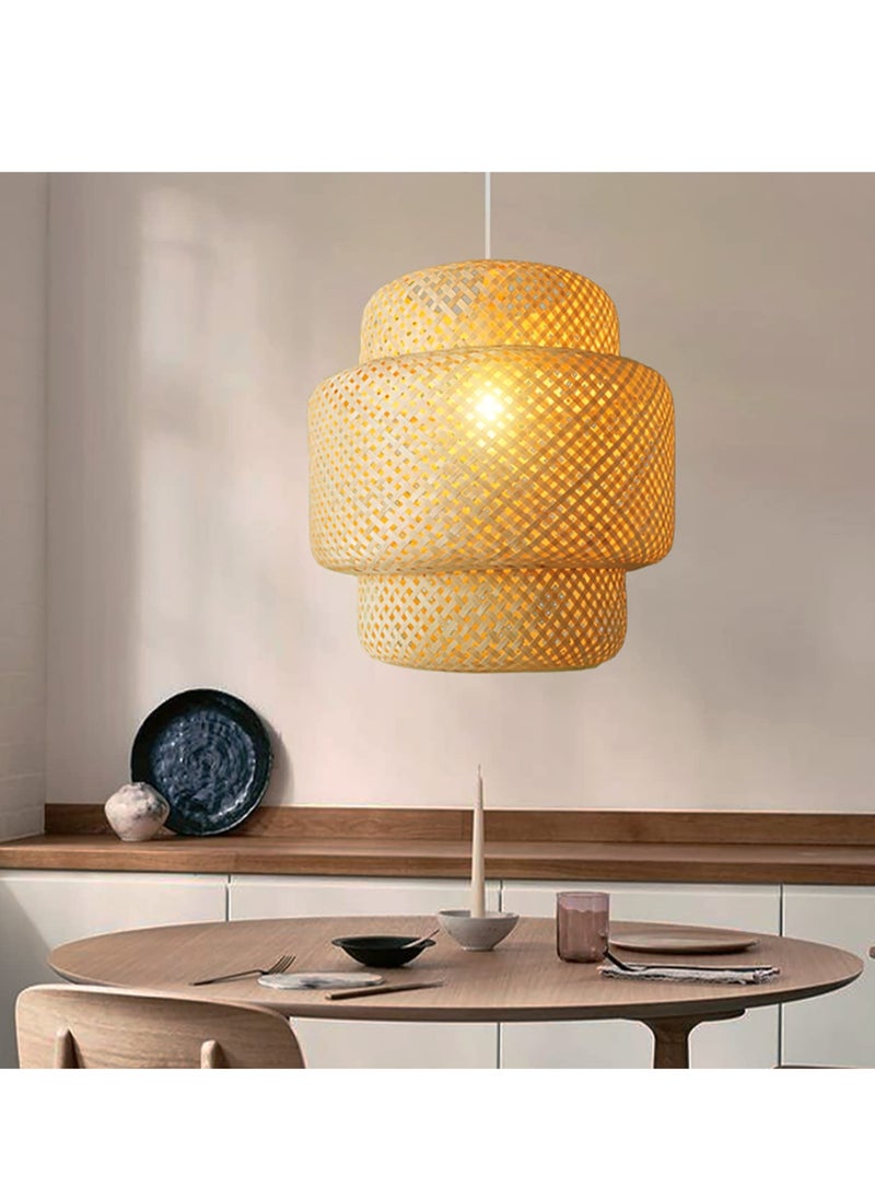 Hand Woven Pendant Lamp, Bamboo Rattan Hanging Lamp Natural Wicker Lighting Fixture with Adjustable Cord, Farmhouse Pendant Lights for Restaurant Kitchen Dining Room Bedroom, Wood color, 30cm