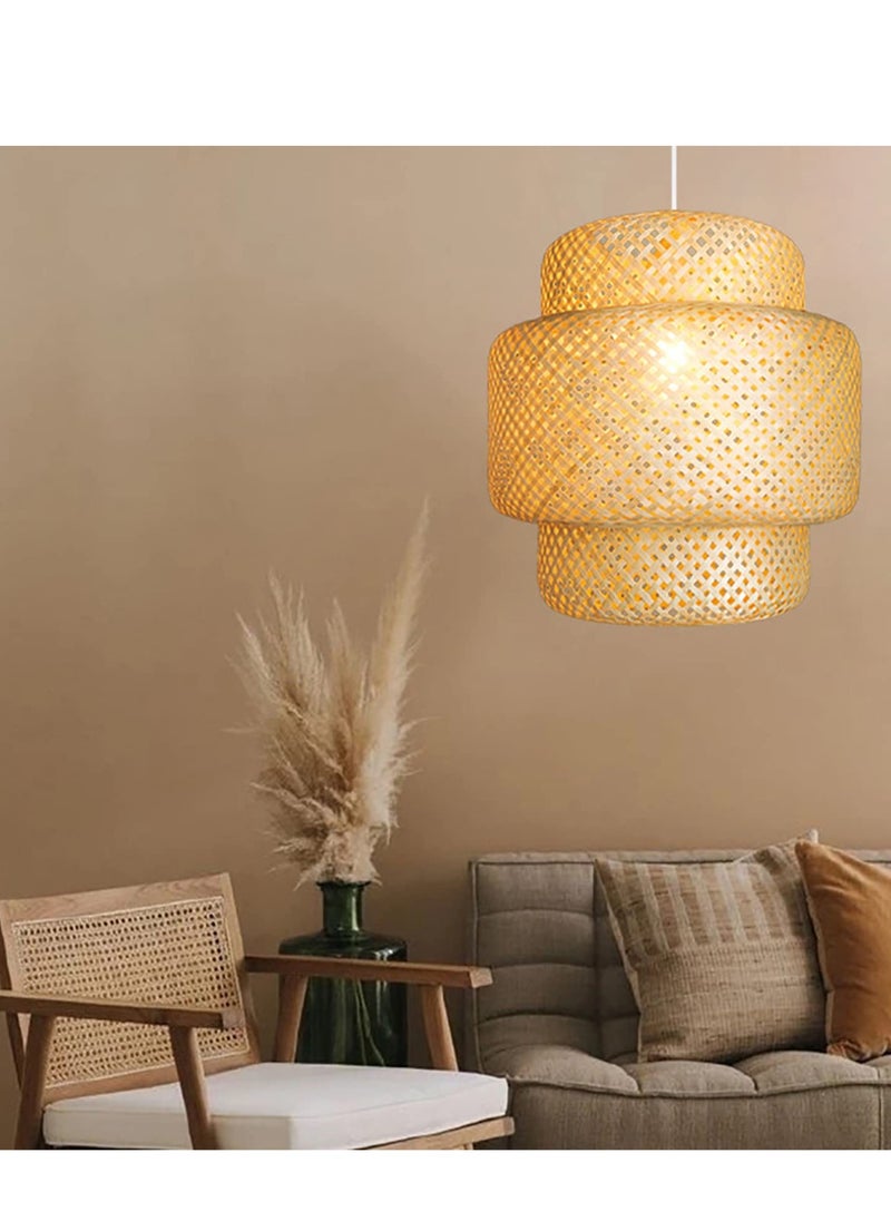 Hand Woven Pendant Lamp, Bamboo Rattan Hanging Lamp Natural Wicker Lighting Fixture with Adjustable Cord, Farmhouse Pendant Lights for Restaurant Kitchen Dining Room Bedroom, Wood color, 30cm