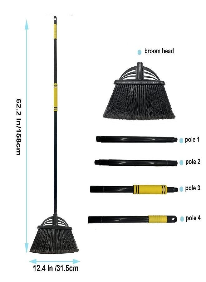 Xifando Four-Section Telescopic Rod Long-Handled Broom,Heavy-Duty Broom, Angle Broom for Outdoor/Indoor（Black+Yellow）