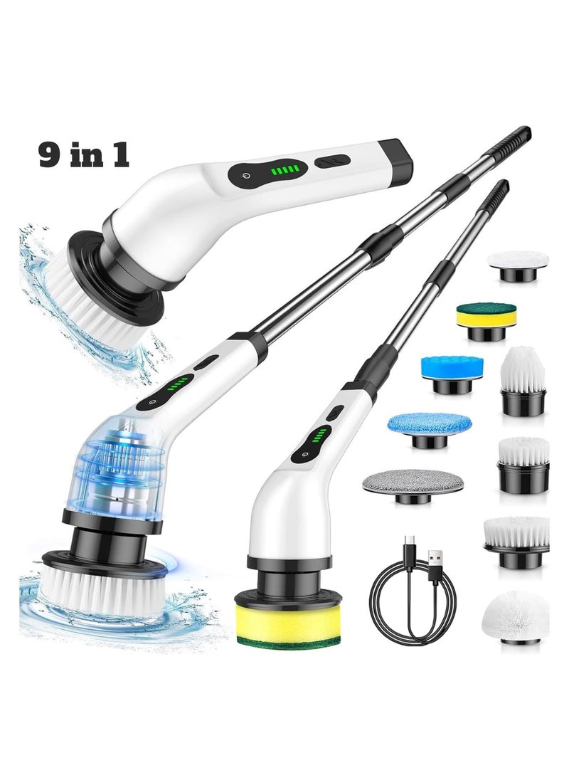 Cordless Electric Spin Scrubber, Electric Cleaning Brush with 9 Replacement Brush Heads, 90Mins Working Time, 3 Adjustable Handle, 2 Adjustable Speeds for Bathroom Kitchen Bathtub Glass Car