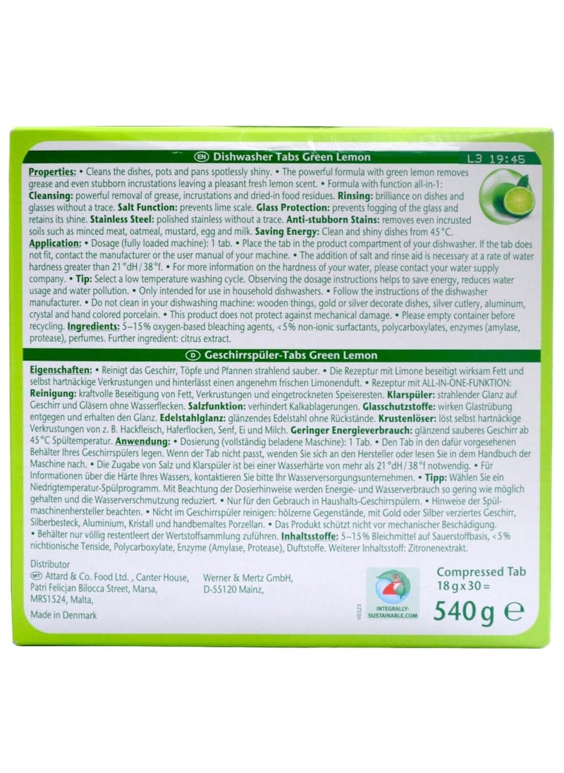 Dishwashing Tabs Allin1 Green Lemon 30 Tabs Powerful Cleaning With Natural Ingredients 540 G