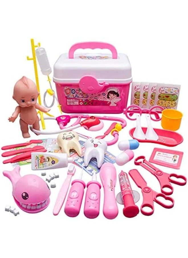 Medical Toy Kids Doctor Pretend Play Kit, Pretend to Play Set with Stethoscope for Kids Doctor Role Play Costume Dress Up (53 Pcs Pink)