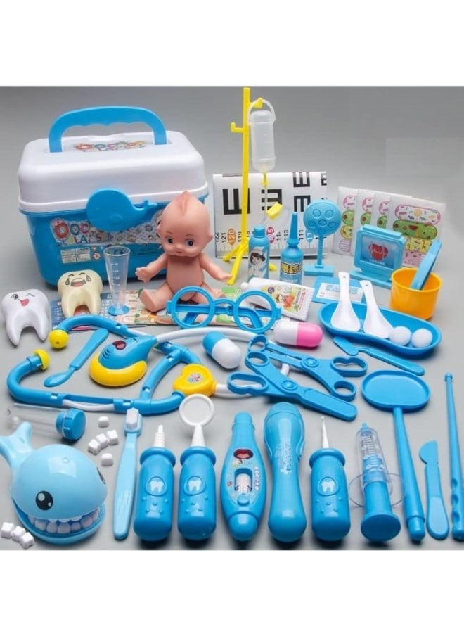 Medical Toy Kids Doctor Pretend Play Kit, Pretend to Play Set with Stethoscope for Kids Doctor Role Play Costume Dress Up (53 Pcs Blue)