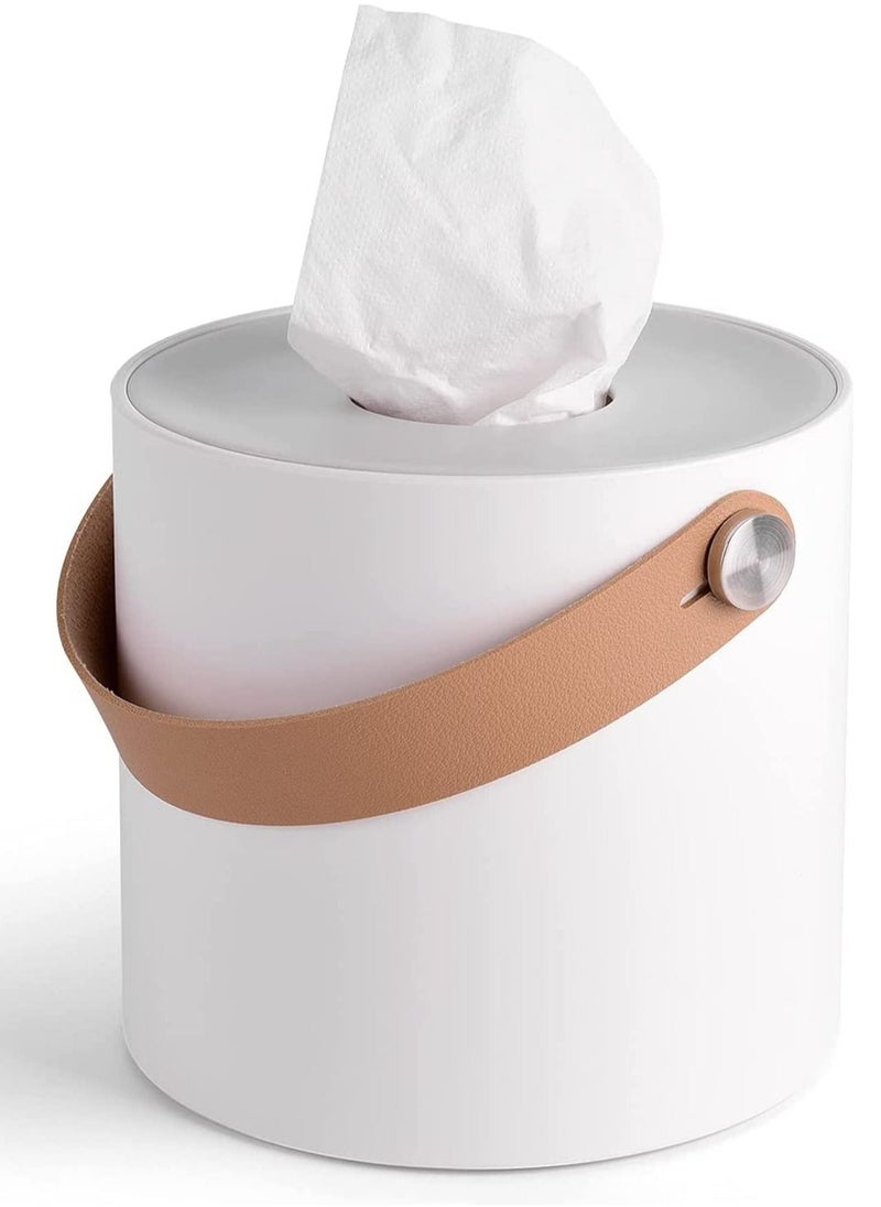 Tissue Box Holder Tissue Dispenser Modern Round Plastic Box Cover Napkin Organizer with Leather Handles for Bathroom Vanity Tops Dressers Bedside Tables Desks and Tables White