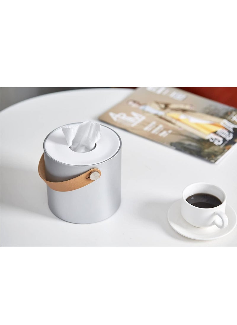 Tissue Box Holder Tissue Dispenser Modern Round Plastic Box Cover Napkin Organizer with Leather Handles for Bathroom Vanity Tops Dressers Bedside Tables Desks and Tables White