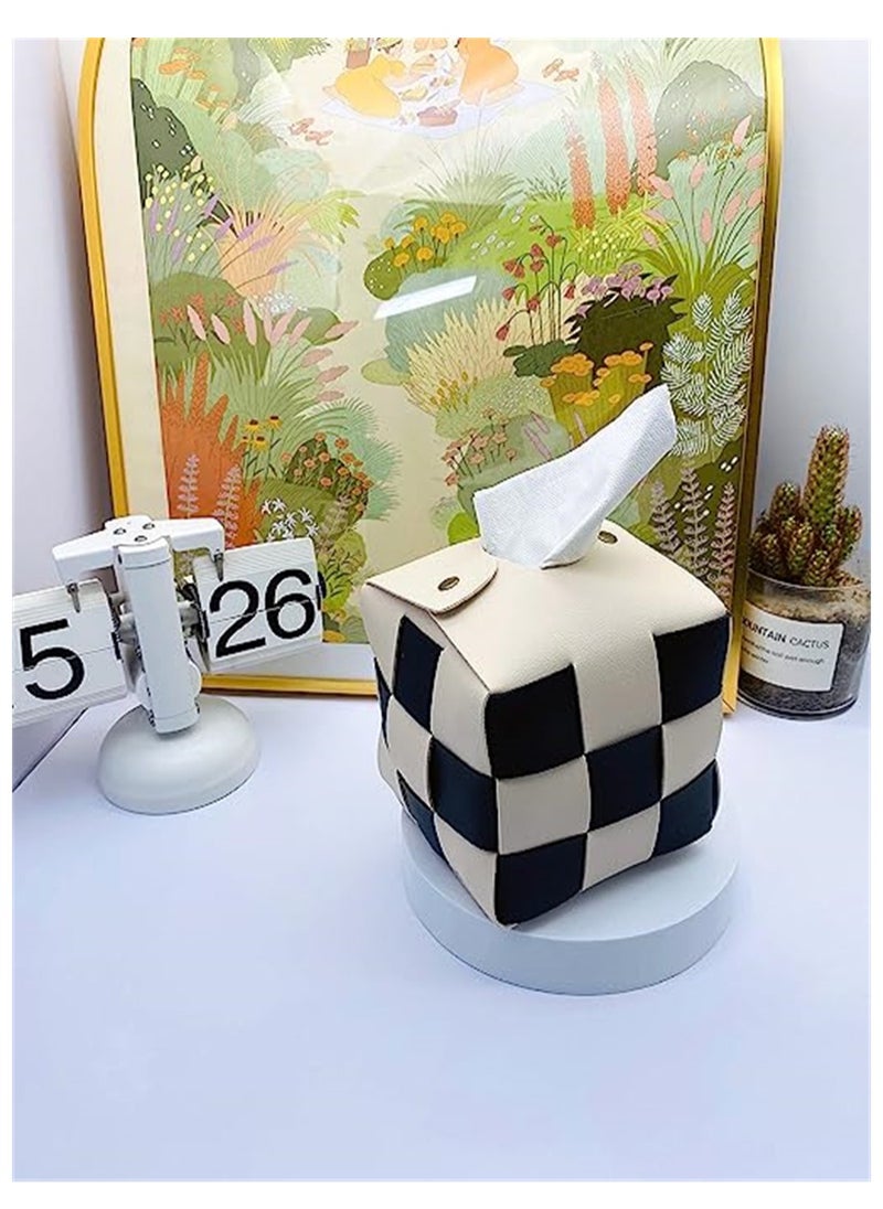 Tissue Box Cover, Modern Stylish Tissue Box Holder, PU Leather Weave, Stylish Checkerboard Design for Living Room, Decorative Shelf, Bathroom Counter Top, Bedside Table, Desk, Square, Beige