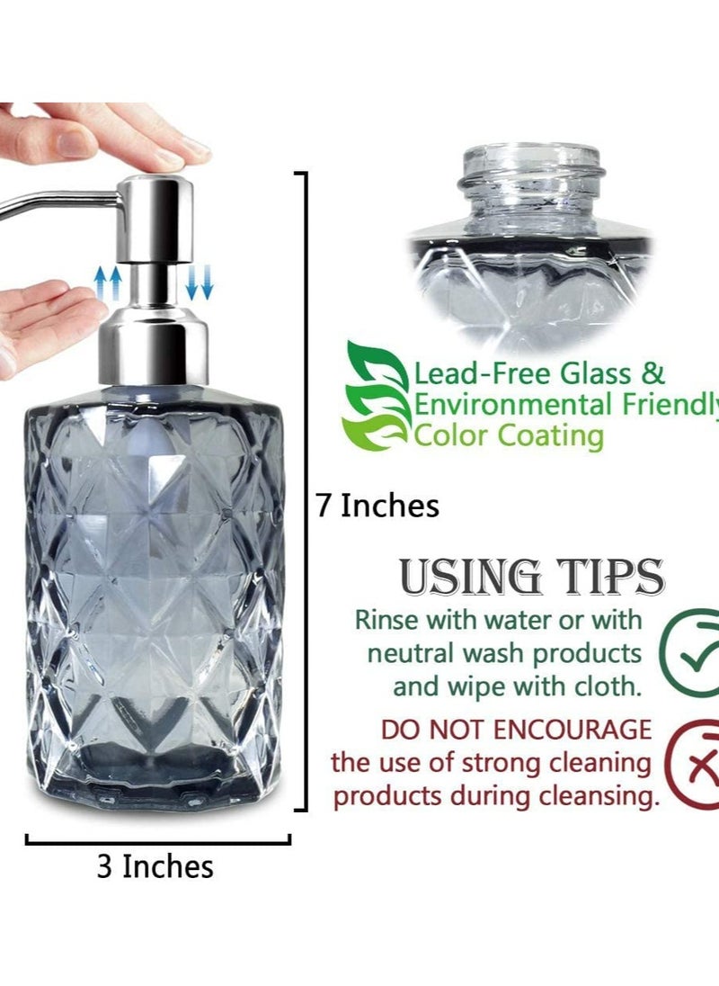 Diamond Design Glass Soap Dispenser, with 304 Rust Proof Stainless Steel Soap Pump, 12 Ounce Kitchen Soap Dispenser for Bathroom, Hand Soap, Dish Soap, Lotion Shower, Diamond Hand Sanitizer Bottle