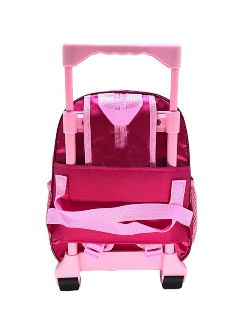 Girls unicorn trolley backpack features a vibrant, colorful design adorned with playful unicorn graphics. With sturdy wheels and a retractable handle, it’s perfect for easy transportation to school