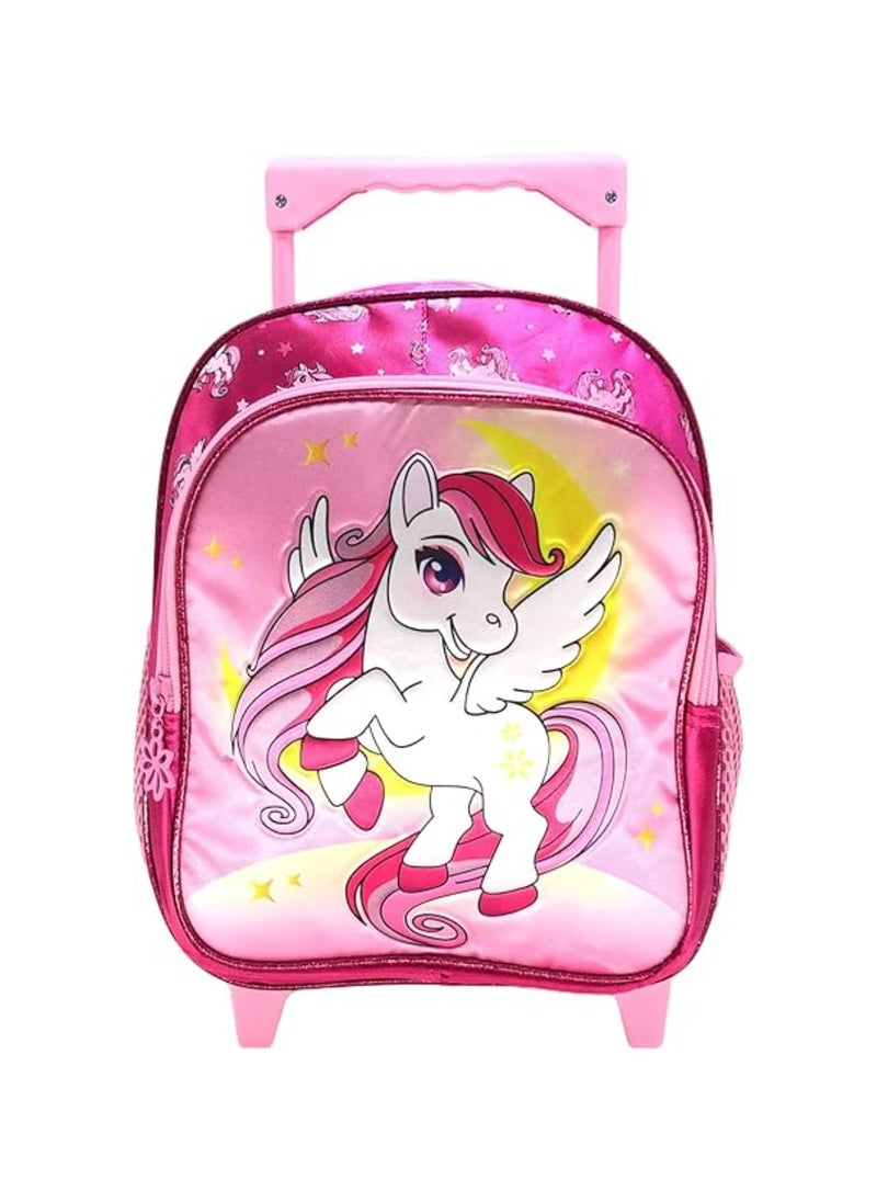 Girls unicorn trolley backpack features a vibrant, colorful design adorned with playful unicorn graphics. With sturdy wheels and a retractable handle, it’s perfect for easy transportation to school