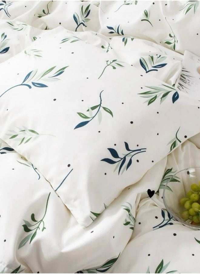 Queen Size 6 Piece Bedding Set Without Filler, Soft Fabric Small Green Leaves Design.