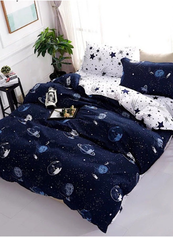 Single Size 4 Piece Galaxy Pattern Duvet Cover Set Blue Print Reversible Style.