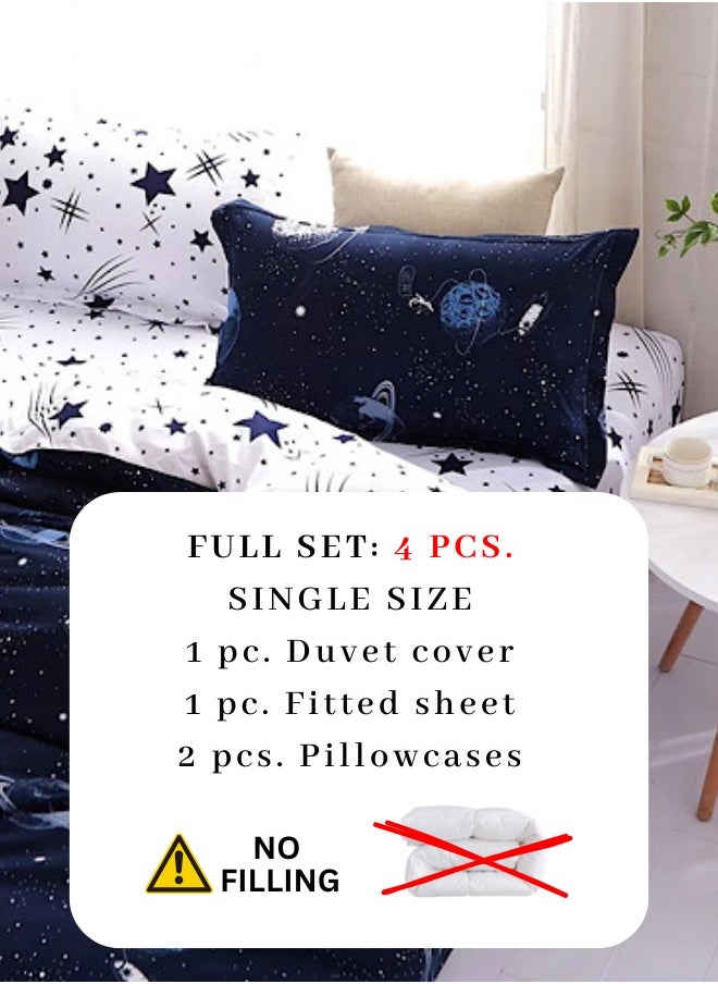 Single Size 4 Piece Galaxy Pattern Duvet Cover Set Blue Print Reversible Style.