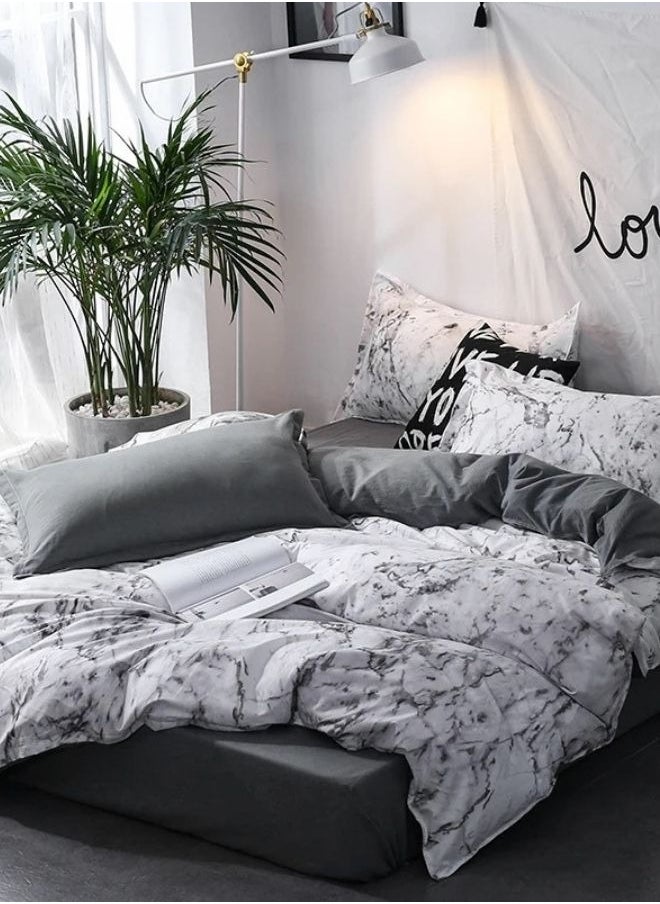 Single-Size 4-Piece Marble Duvet Cover Set. Reversible Bedding Ensemble in Grey and White.