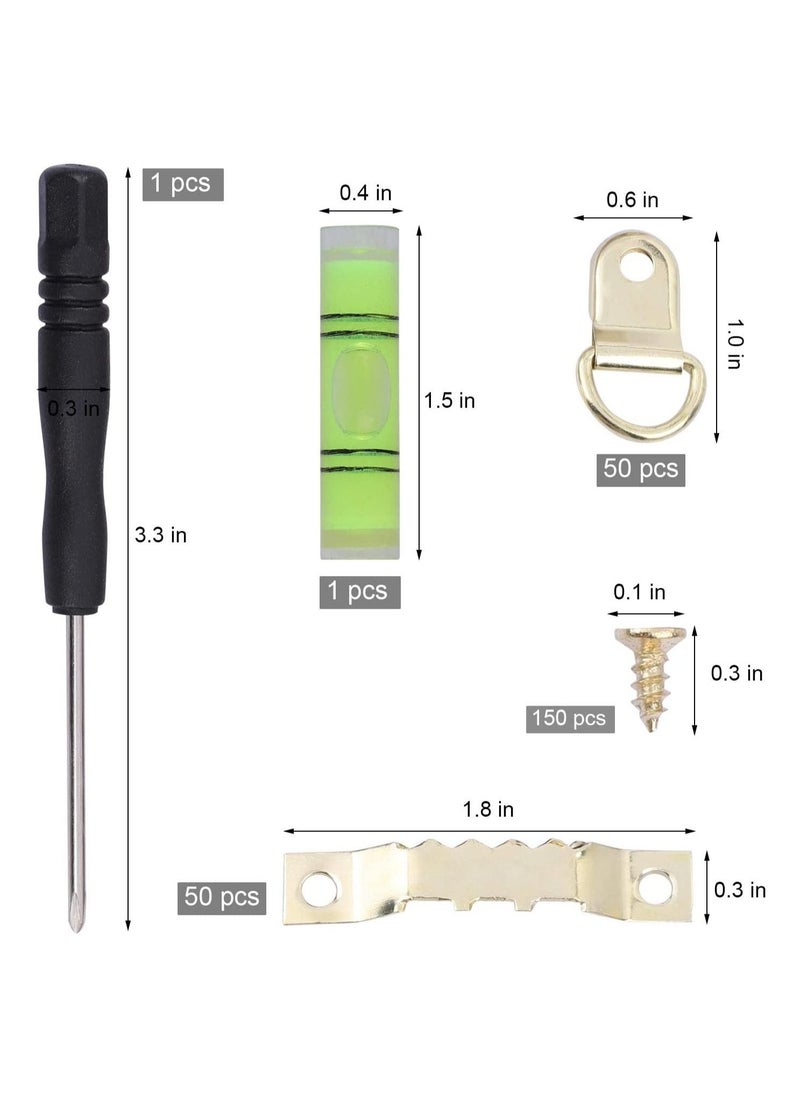 Hook Set Box Hook D Ring Picture Frame Hanger Sawtooth Photo Hanging Hardware Set with Screws and Spirit Level Silver Gold 252 psc