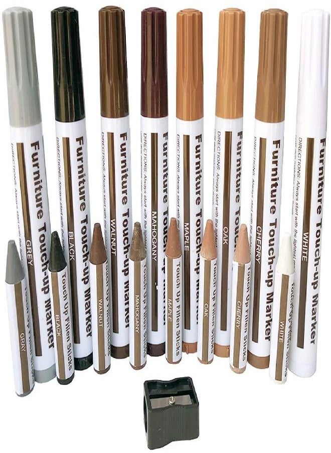 Furniture Repair Kit Wood Markers - Set of 17 - Markers and Wax Sticks - for Stains, Scratches, Floors, Tables, Desks, Carpenters, Bedposts, Touch-Ups, Cover-Ups, Molding Repair