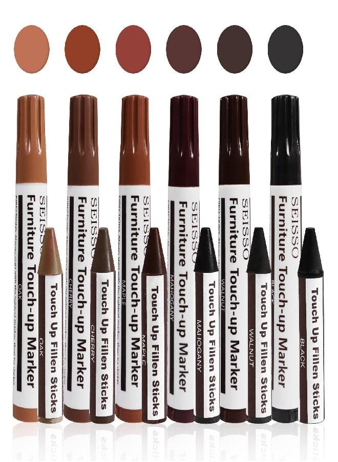 Wood Repair Markers- Furniture Touch Up Markers Kit, 6Pcs Wood Scratch Cover Markers and 6Pcs Wax Filler Sticks for Wooden Floors, Tables, Desks, Carpenters- Set of 13