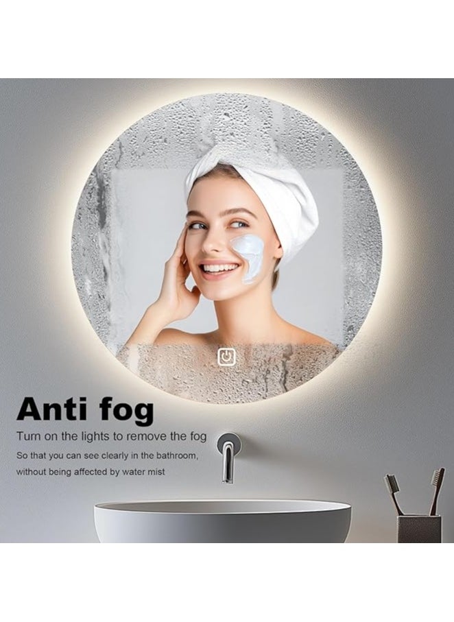 Round Bathroom Mirror with LED Lights Illuminated Wall Mounted Mirror with 3 Colors Anti-Fog Stepless Dimmable circle backlit Smart Makeup Mirror 60*60 without frame