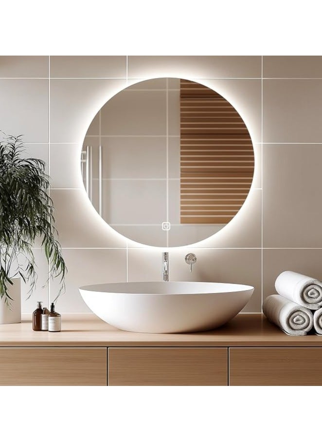 Round Bathroom Mirror with LED Lights Illuminated Wall Mounted Mirror with 3 Colors Anti-Fog Stepless Dimmable circle backlit Smart Makeup Mirror 60*60 without frame