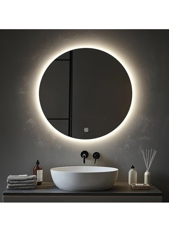 Round Bathroom Mirror with LED Lights Illuminated Wall Mounted Mirror with 3 Colors Anti-Fog Stepless Dimmable circle backlit Smart Makeup Mirror 60*60 without frame